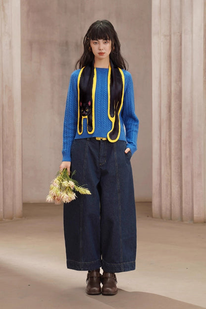 レトロケーブルニットウール混セーター　B4454