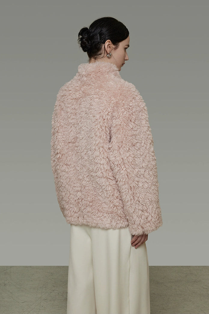 仿羊羔毛寬鬆立領大衣 B4507