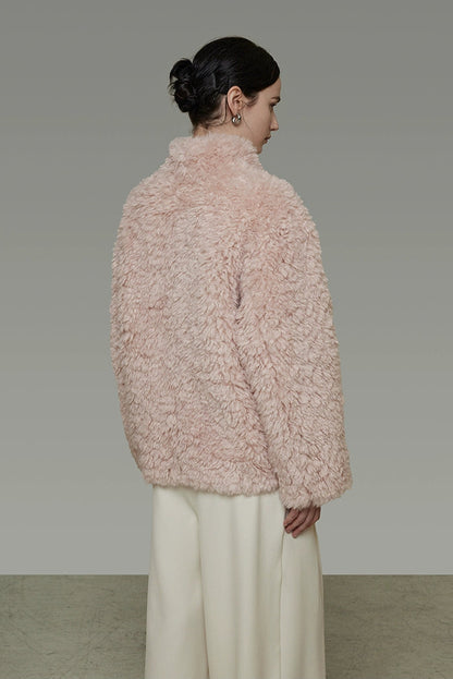 仿羊羔毛寬鬆立領大衣 B4507