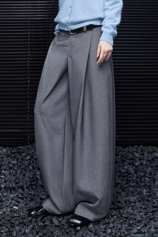 グレーハイウエストドレープワイドパンツ　B5018