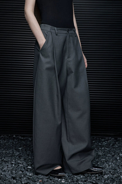 灰色中腰帥氣闊腿褲 B4116