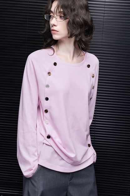 ピンクショルダーボタンデザイン長袖Tシャツ　B4979