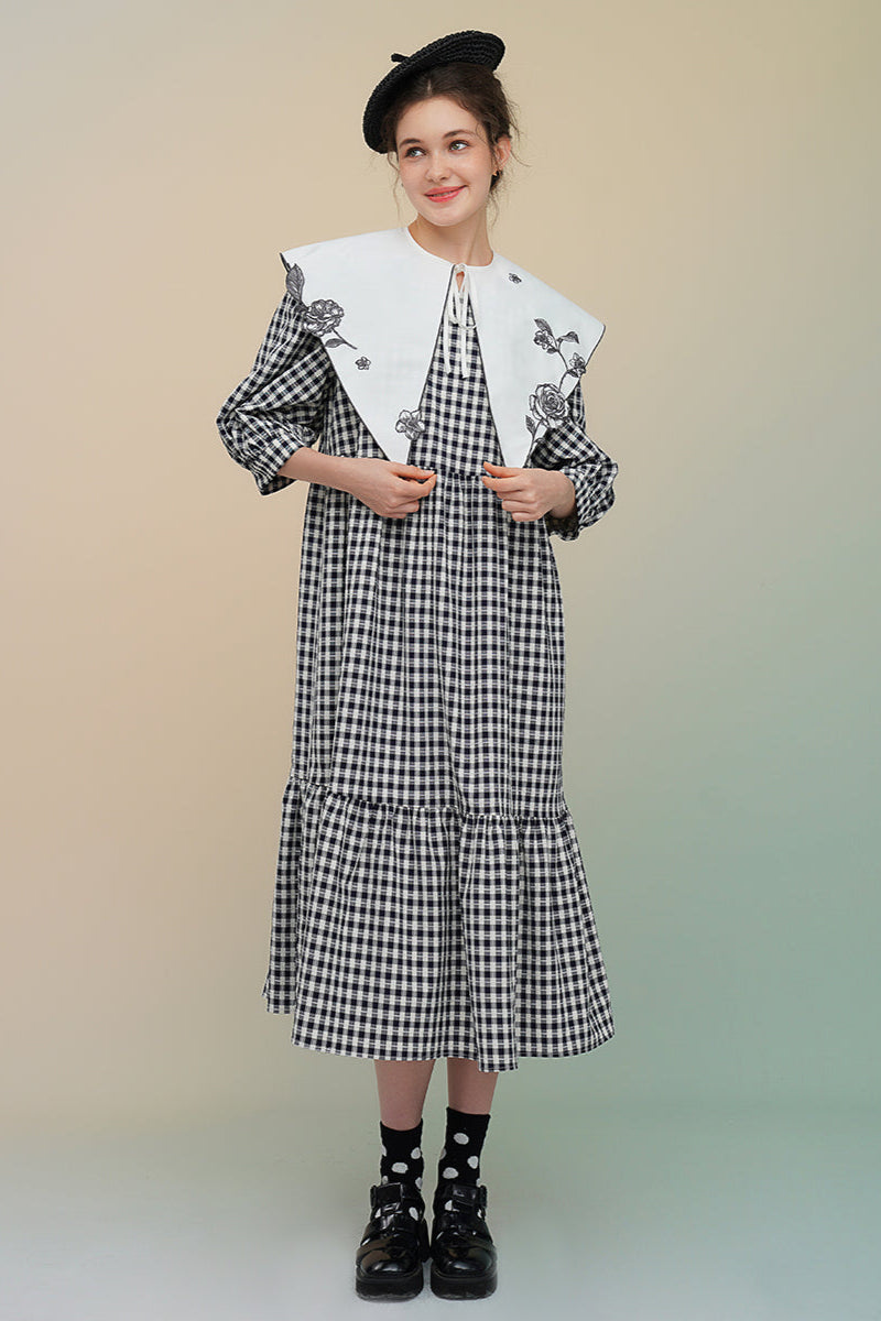 玫瑰刺繡仿色格紋洋裝 B3756