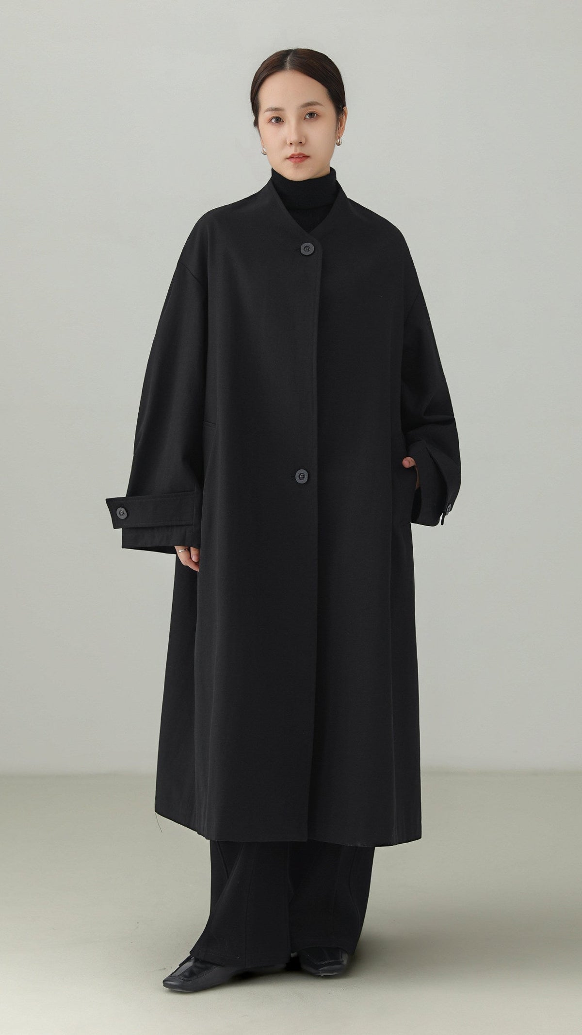 Tencel Cotton No-Collar Long Coat B5009