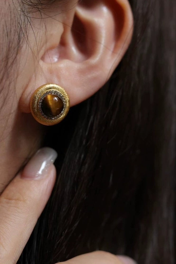 S925天然タイガーアイスタッドピアス　B4386