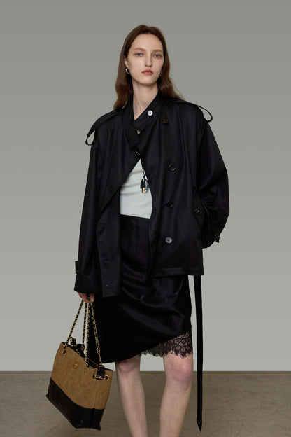 Black Short Double-Breasted Trench Coat B4911
