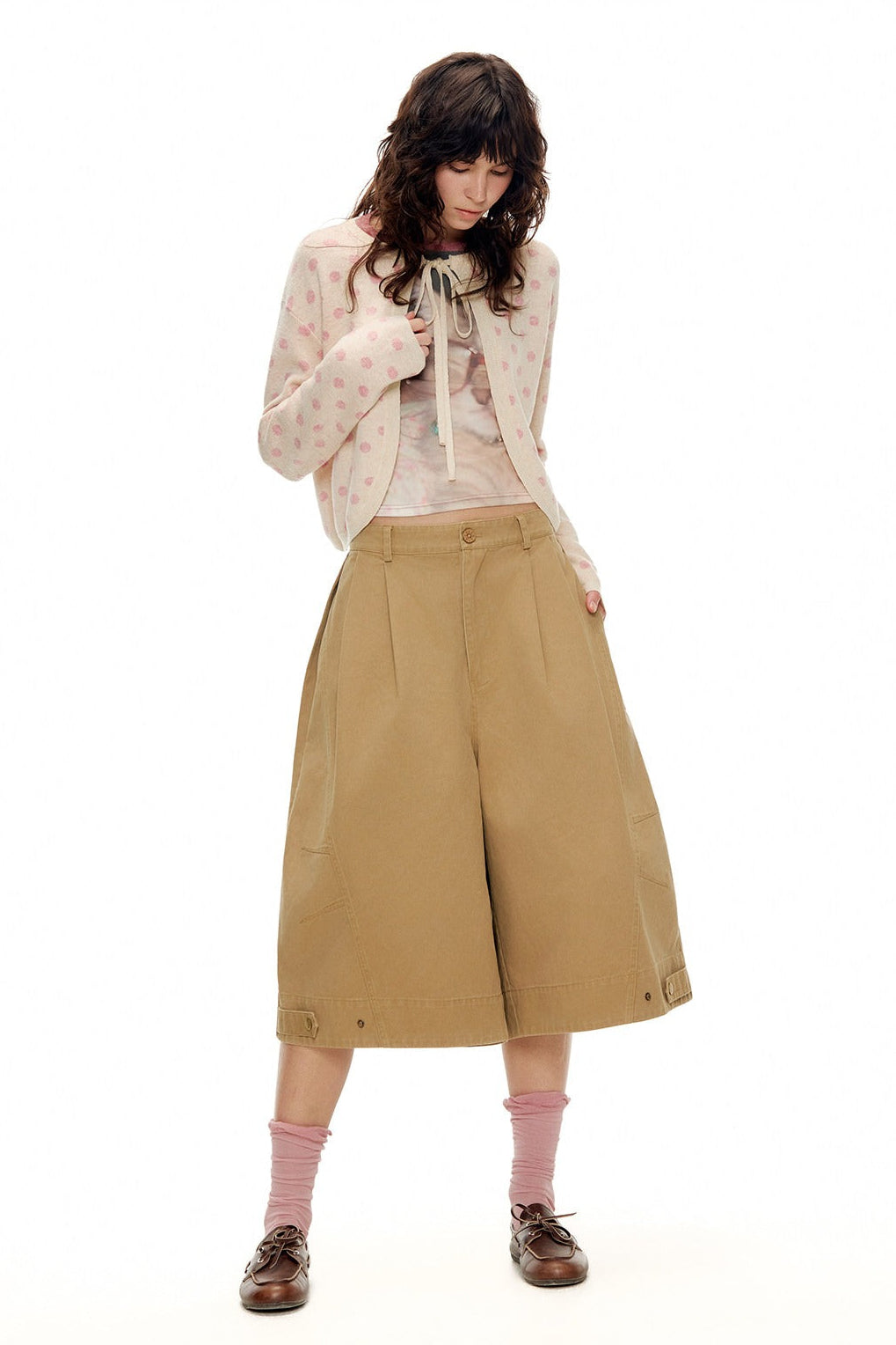 ピーチピンクジャガードドットカーディガン・スカート　B4596