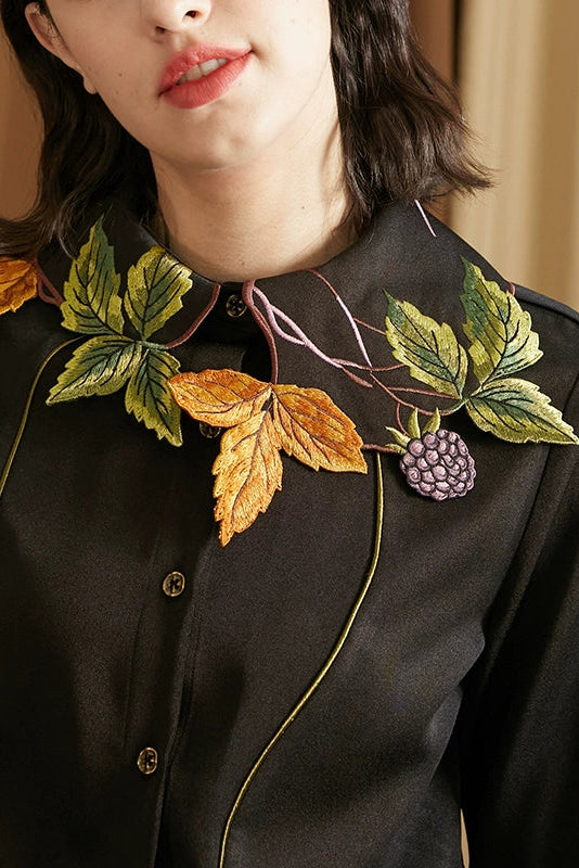 葉子和漿果刺繡領襯衫 B4459