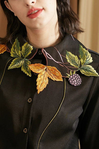 葉子和漿果刺繡領襯衫 B4459