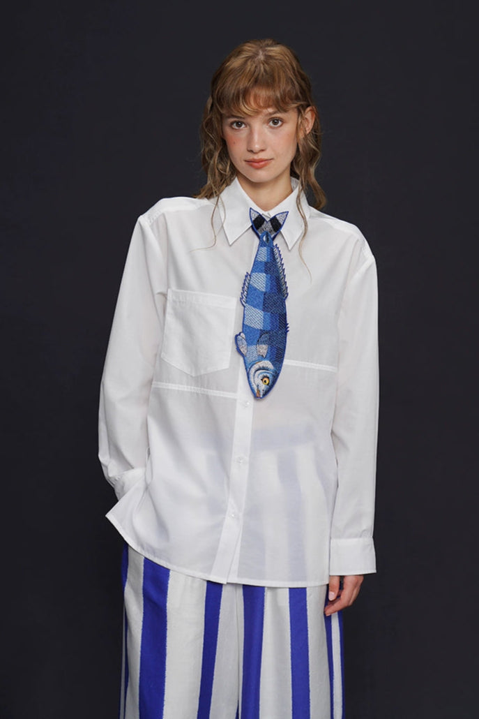 カプリブルーフィッシュヴィンテージ刺繡ネクタイ　B4161