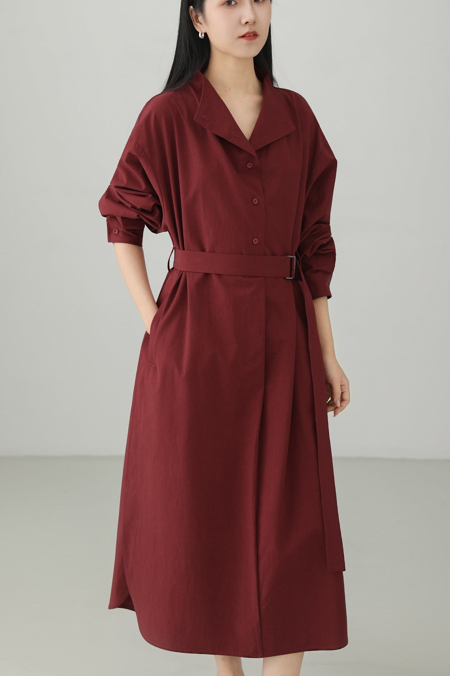 Red Tencel Blend Stand Collar Dress B4663