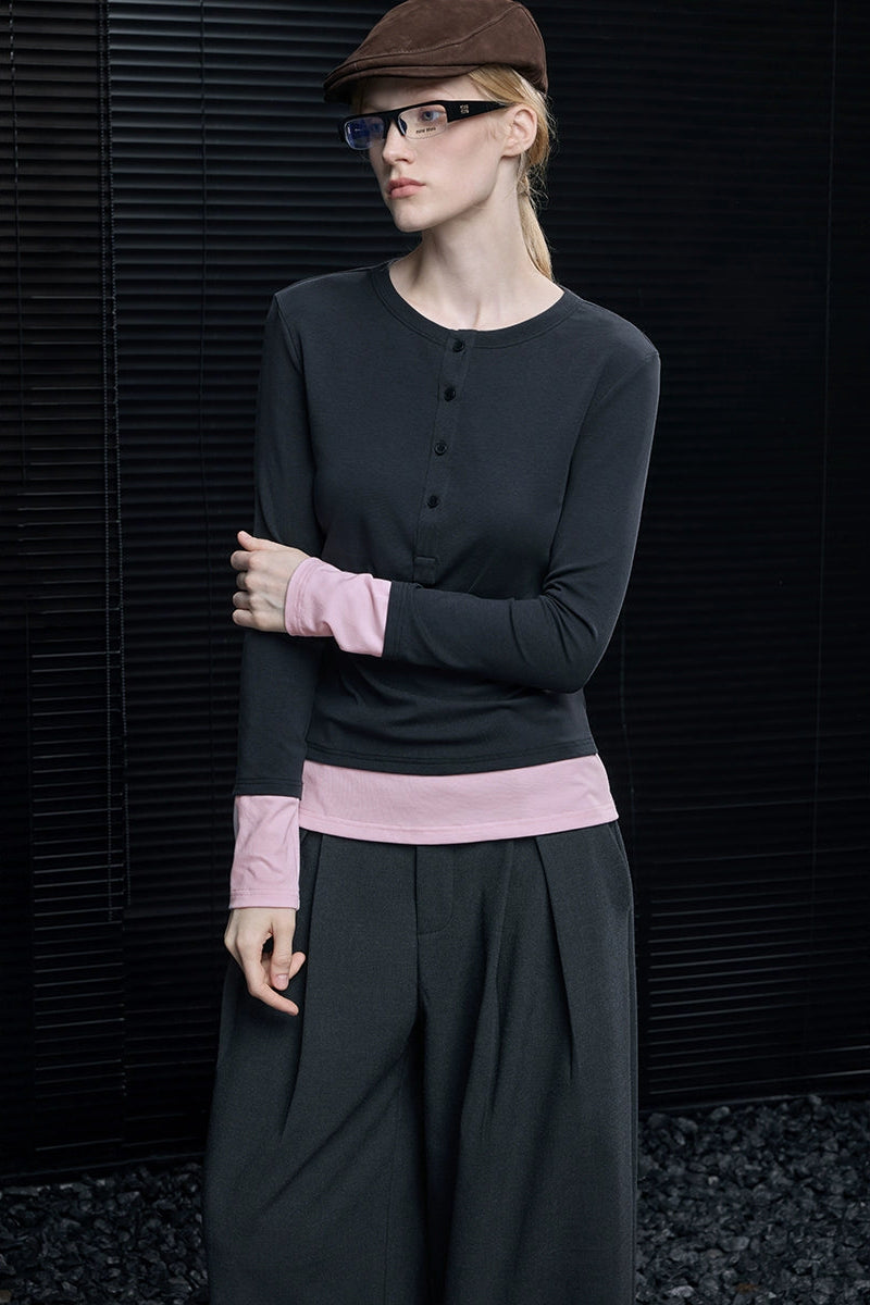 Gray Pink Fake Two-Piece T-Shirt B4551