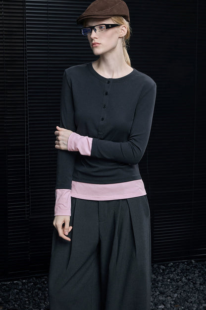 Gray Pink Fake Two-Piece T-Shirt B4551