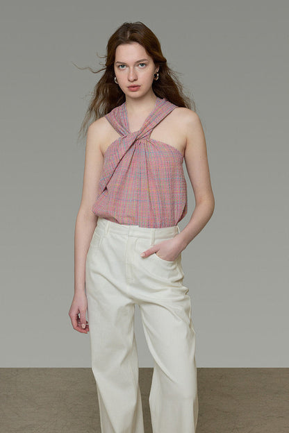French Check Twist Halter Camisole B4843