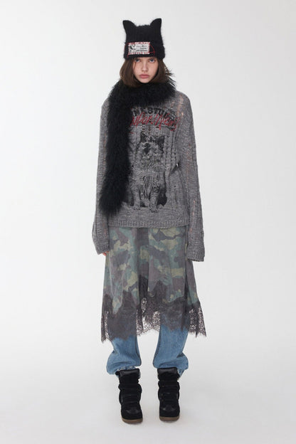 アイスランドアニマルプリントオープンワークセーター　B4392