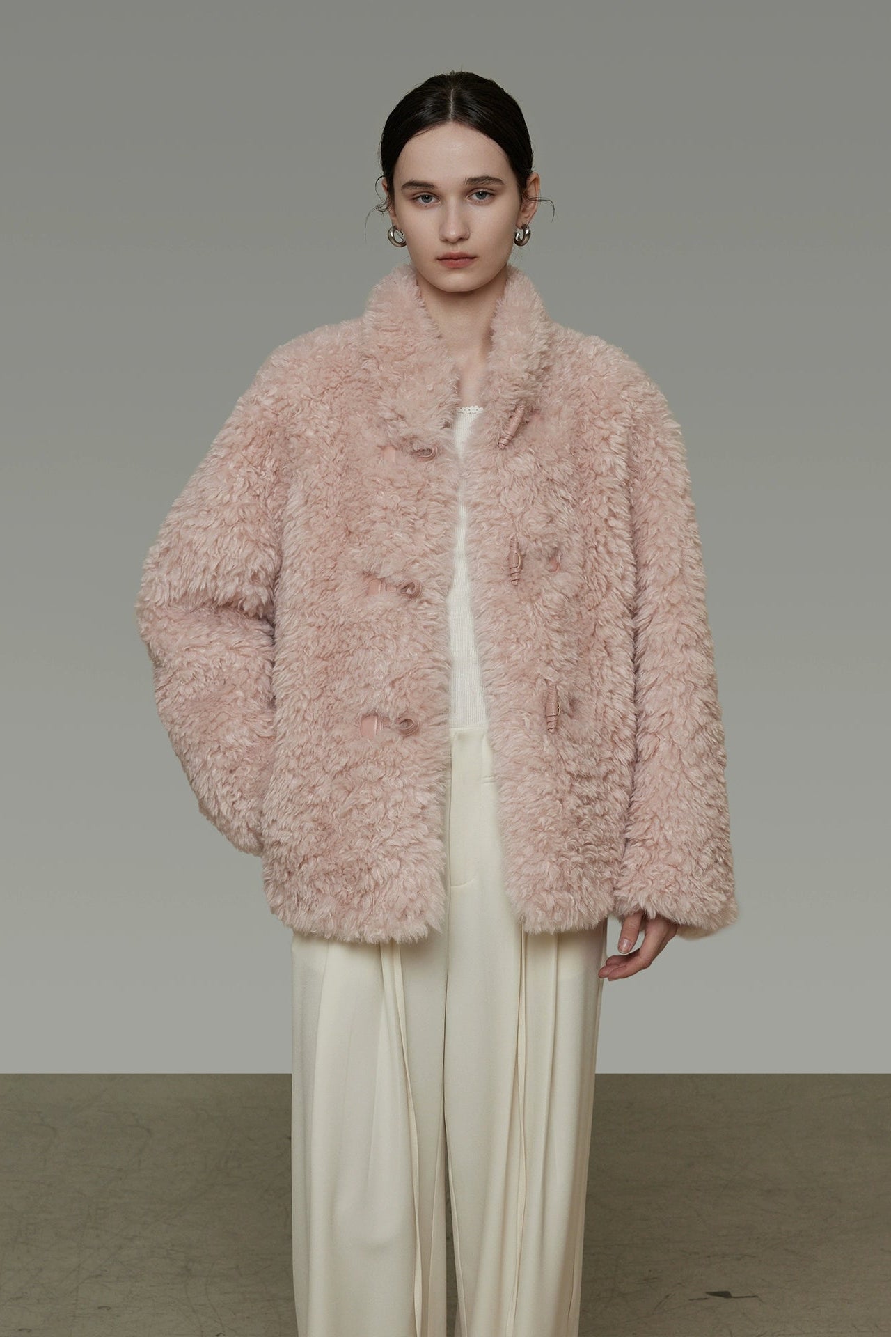 仿羊羔毛寬鬆立領大衣 B4507