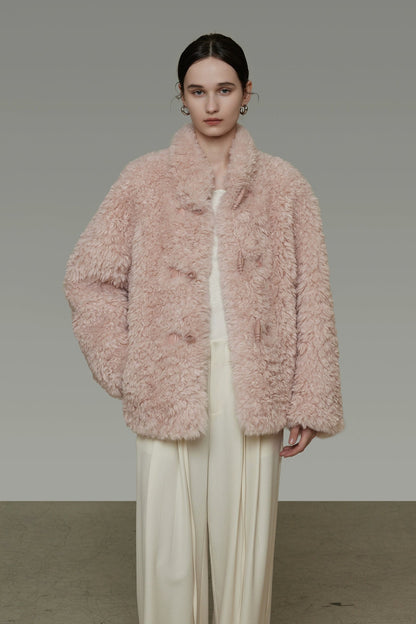 仿羊羔毛寬鬆立領大衣 B4507