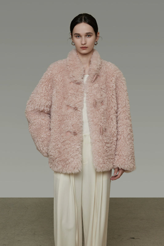 フェイクラムウールルーズスタンドカラーコート　B4507