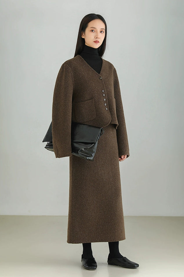 Wool Blend Double Face Slit Skirt B4528