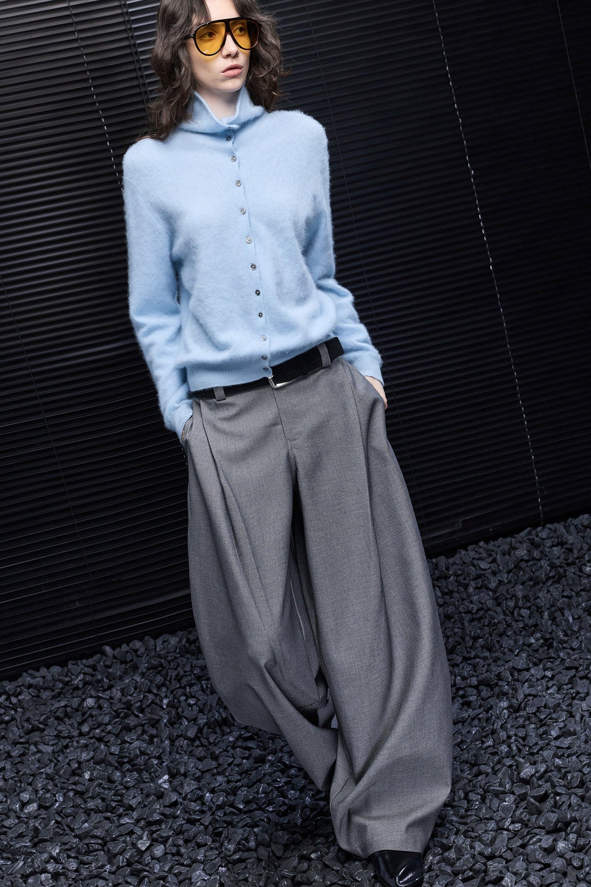 Gray High-Waisted Drape Wide-Leg Pants B5018