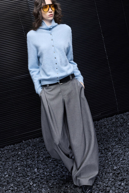 Gray High-Waisted Drape Wide-Leg Pants B5018