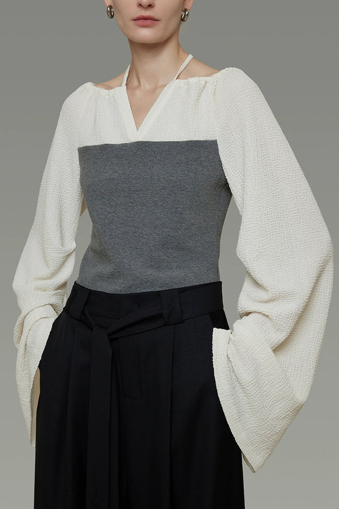 Color Block V-Neck Knit Top B4437