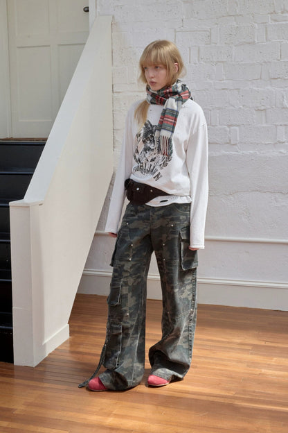 Camouflage Wash Multi-Pocket Cargo Wide Pants B4388