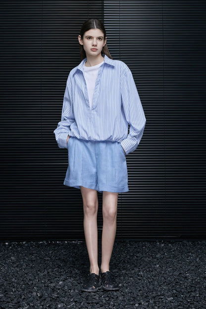 ストライプVネックフェイクツーピースシャツ　B4714