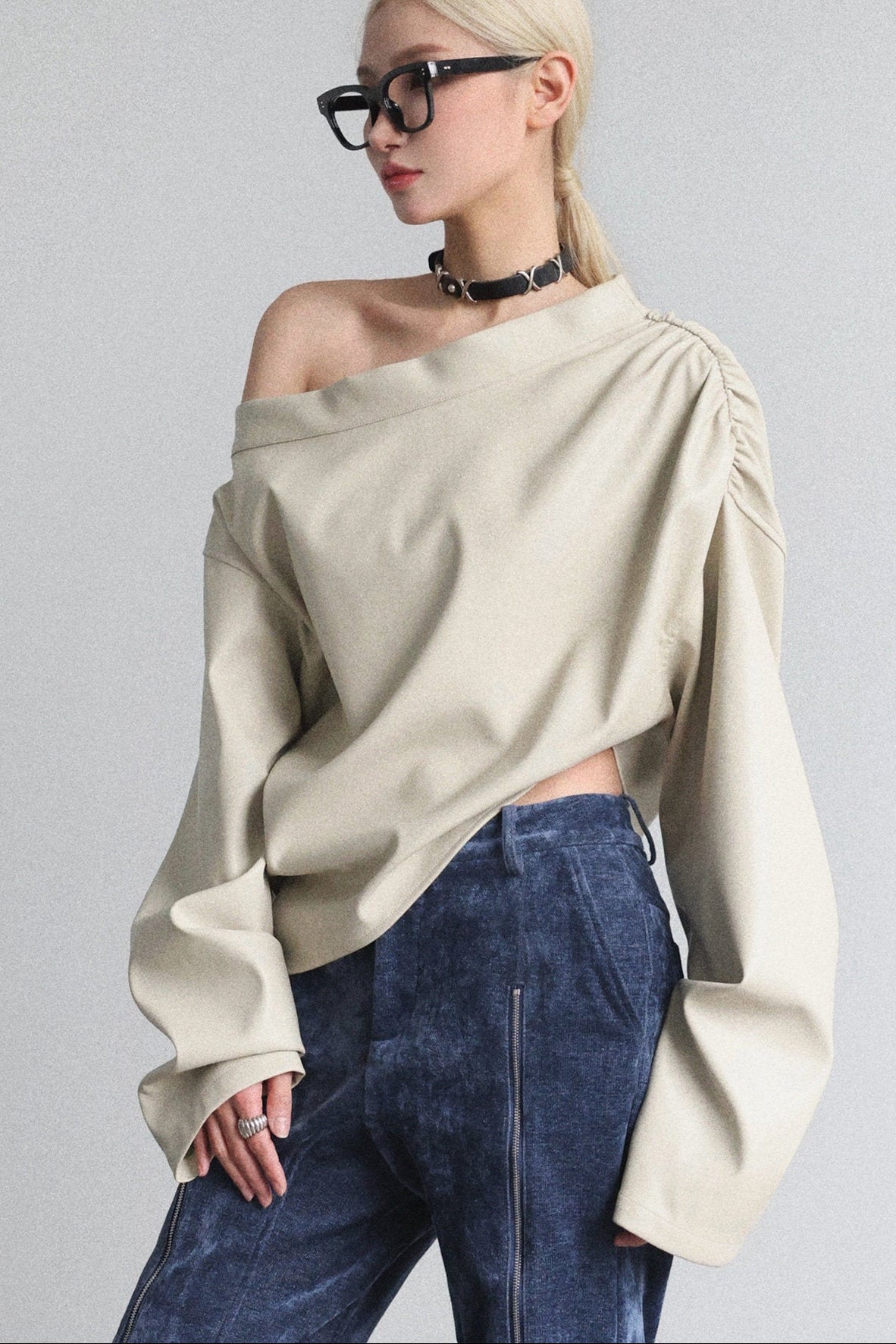 PU asymmetrical diagonal collar cover-up top B4647
