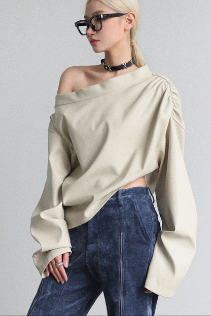 PU asymmetrical diagonal collar cover-up top B4647