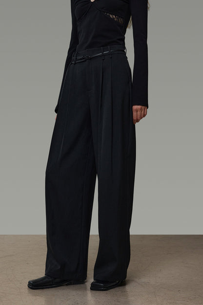Black High-Waisted Double Tuck Wide Pants B4936
