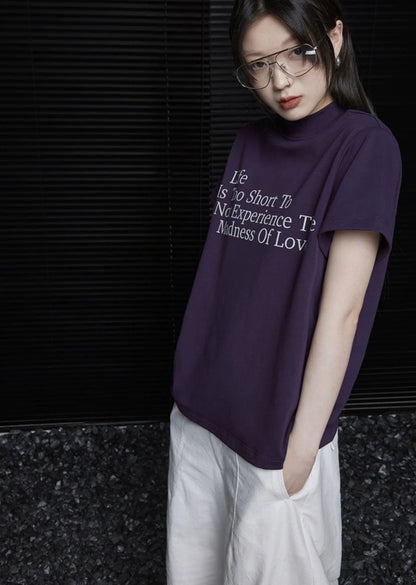 Purple short sleeve loose logo T-shirt B2758