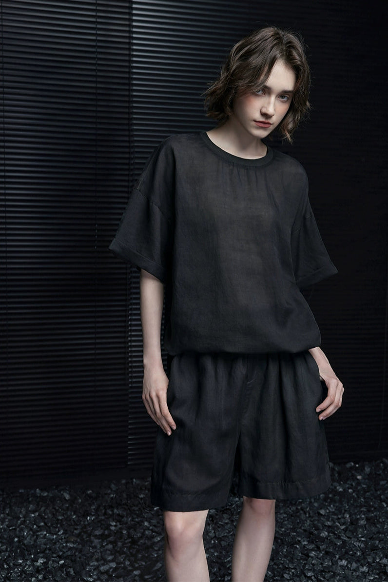 グレーグリーンリネン混ハンサムパンツ半袖Tシャツ　B3995