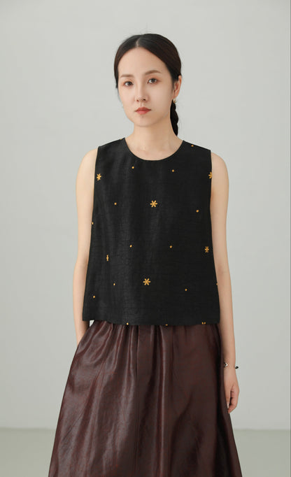 100％マルベリーシルク香雲紗刺繍入りノースリーブトップス　B4884