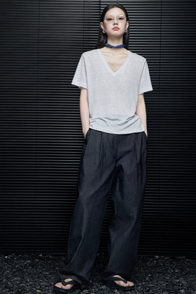 黑色牛仔寬鬆直筒懶人風褲B3951