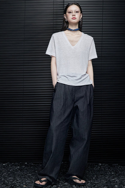 黑色牛仔寬鬆直筒懶人風褲B3951