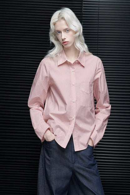 ピンクストライプピュアコットン長袖ラペルシャツ　B4225
