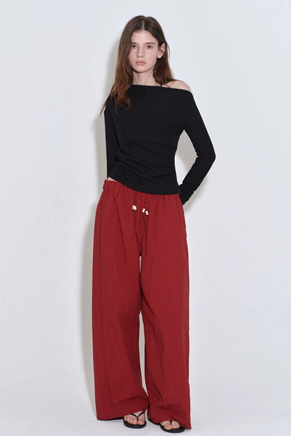 Dark Red Drawstring Beaded Straight Pants B4210