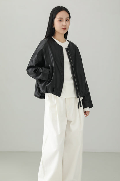 Minimalist PU Leather Cropped Jacket B4657