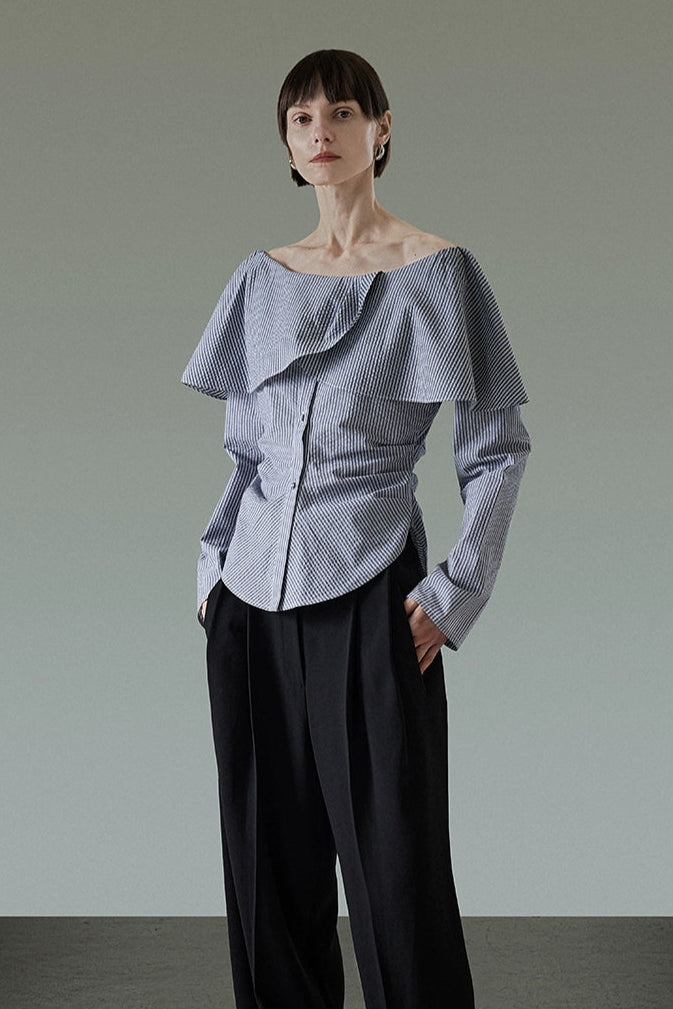 ワンショルダーストライプエレガントトップス　B4196