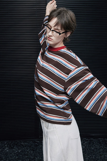 コットンストライプドロップショルダー長袖Ｔシャツ　B4355