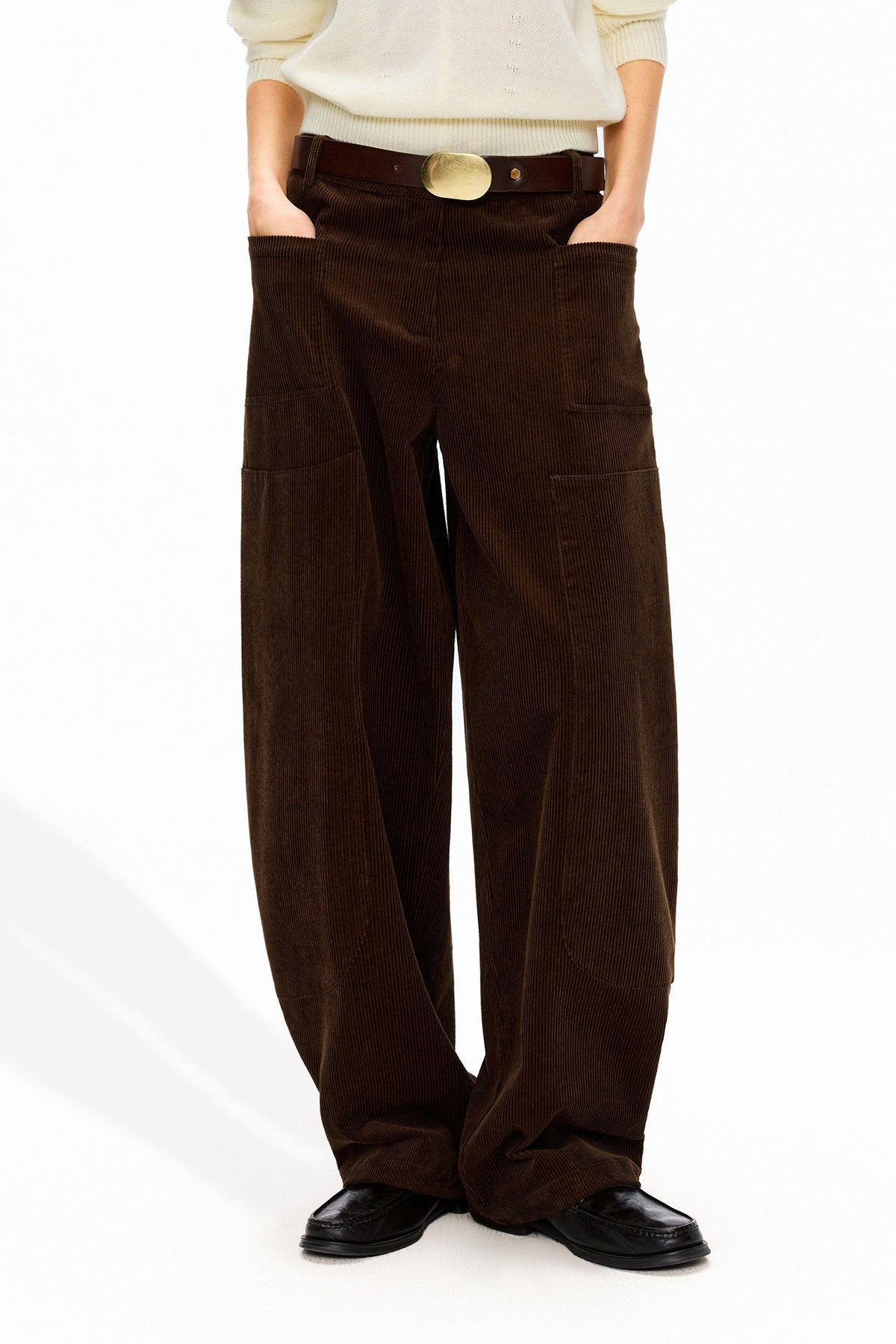 Dark brown 100% cotton corduroy wide cargo pants B5014