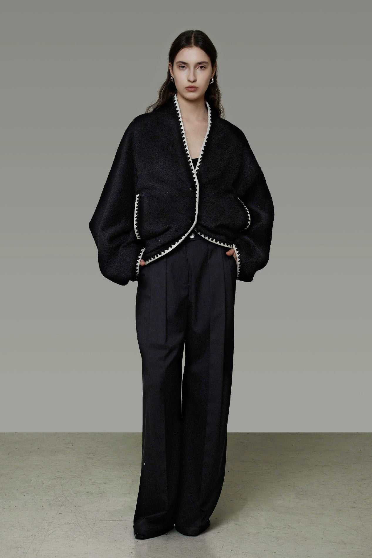 撞色落肩羊毛混紡大衣 B4489