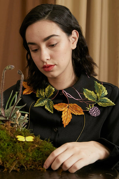 葉子和漿果刺繡領襯衫 B4459