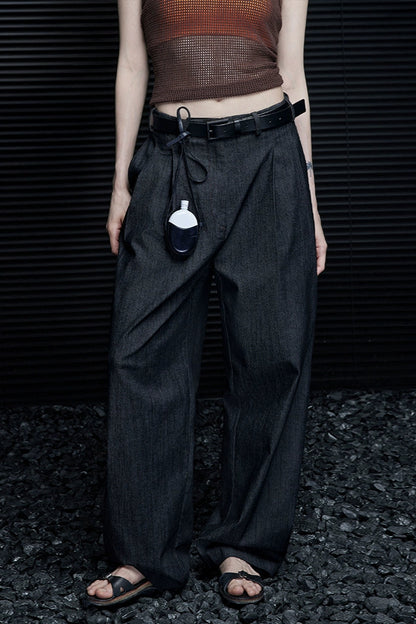 黑色牛仔寬鬆直筒懶人風褲B3951