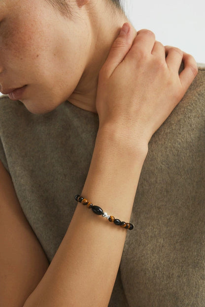 S925タイガーアイ ブラックアゲートブレスレット　B4287