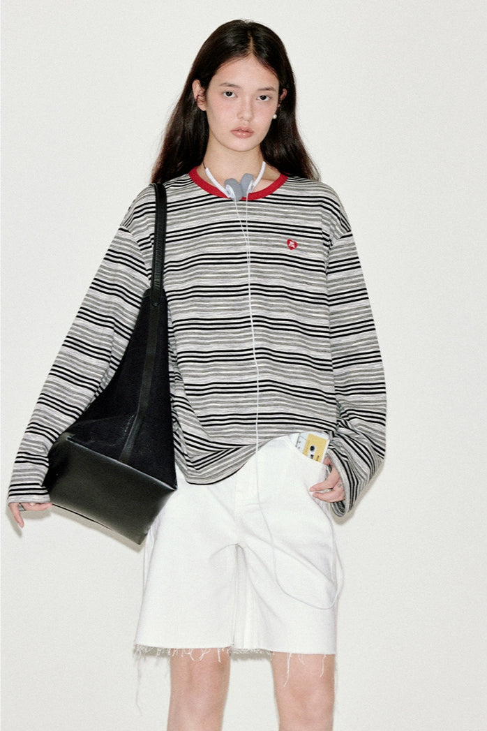 條紋撞色長袖T卹 B4215