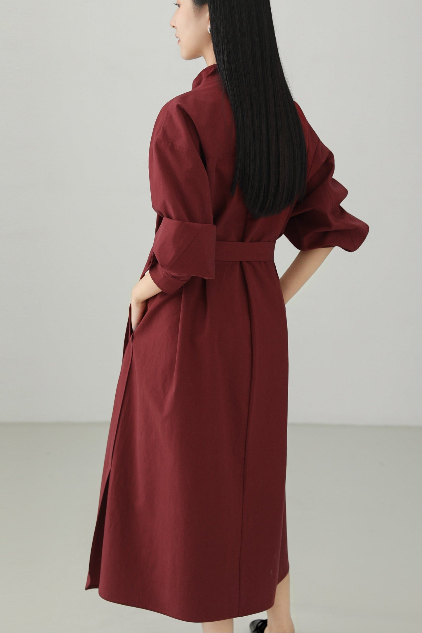 Red Tencel Blend Stand Collar Dress B4663