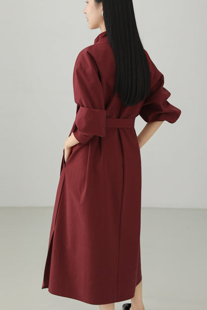 Red Tencel Blend Stand Collar Dress B4663