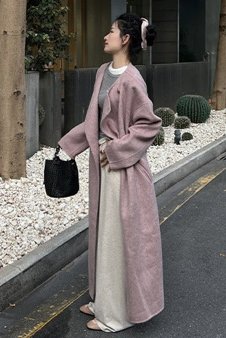 ダブルフェイスウールピンクロングコート　B4508